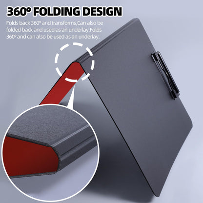 FRETONBA Clipboard Folder, 2 Pcs A4 Foldable Clipboard with Horizontal and Vertical Double Metal Clips, 360 Degree Foldable Binder Clipboards with Pen Holder, File Cover Work Folder Clipboards, Red