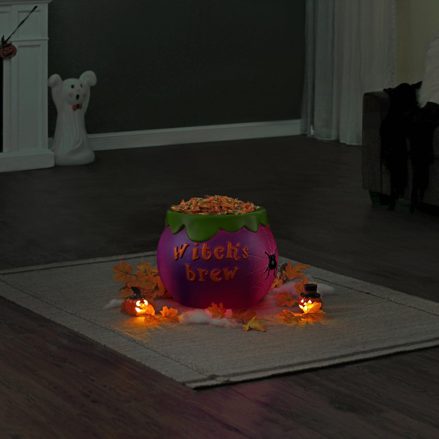 Mr. Halloween 14 in Cauldron Candy Bowl with LED Lights, Blow Mold Trick or Treat Holder, Light Up Halloween Candy Dish