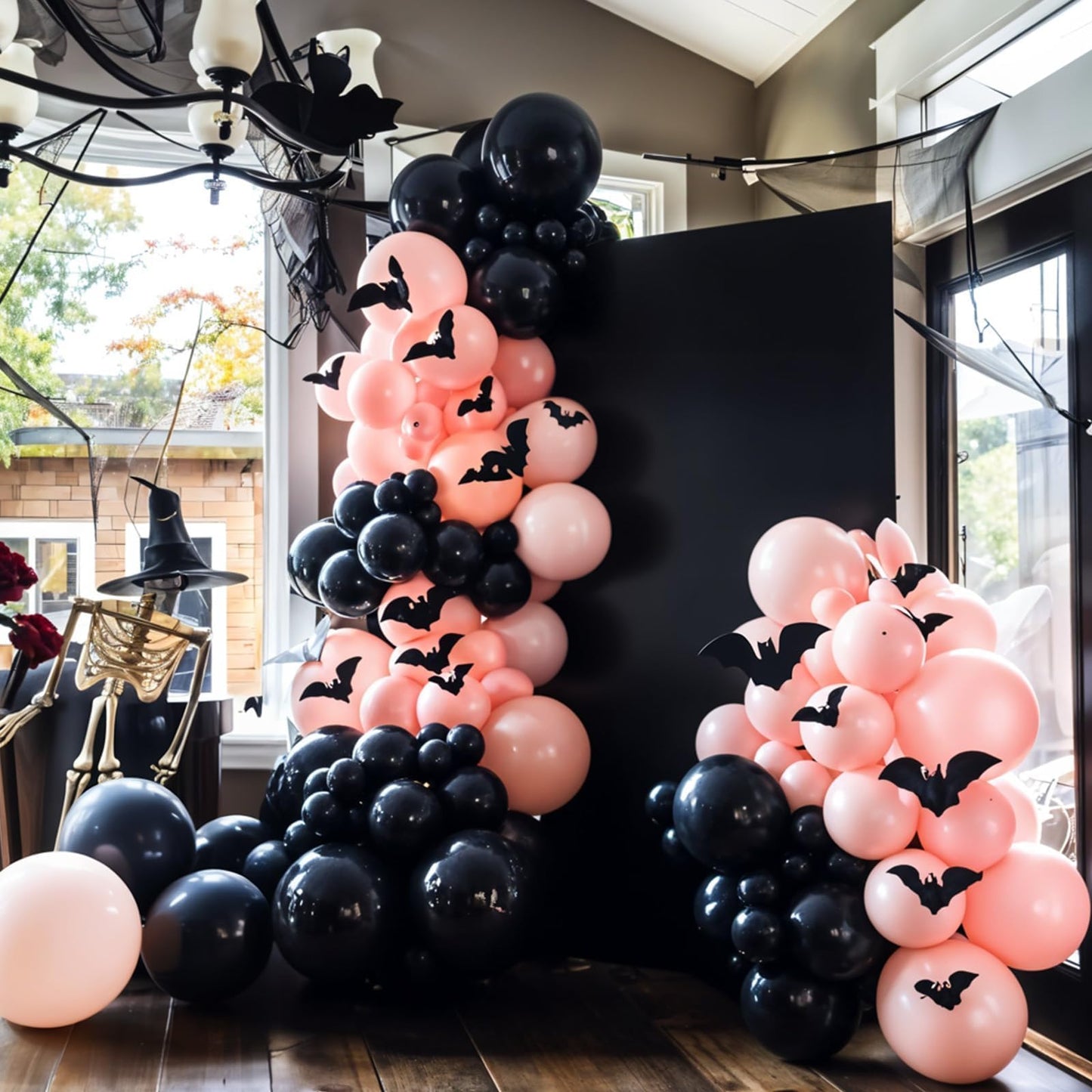 Halloween Balloon Arch Garland Kit, Black Pink Macaron Orange Black and White Striped Ghost Foil Balloons with 3D Bat Stickers for Girls Halloween Party Spooky Birthday Party Decorations