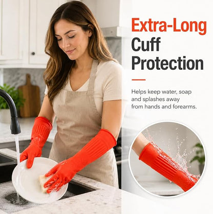 ThxToms Dishwashing Gloves, 2 Pairs Fleece Lined Rubber Dish Gloves for Washing Dishes, Waterproof Reusable Kitchen Cleaning, Long Cuff Anti Slip,Large