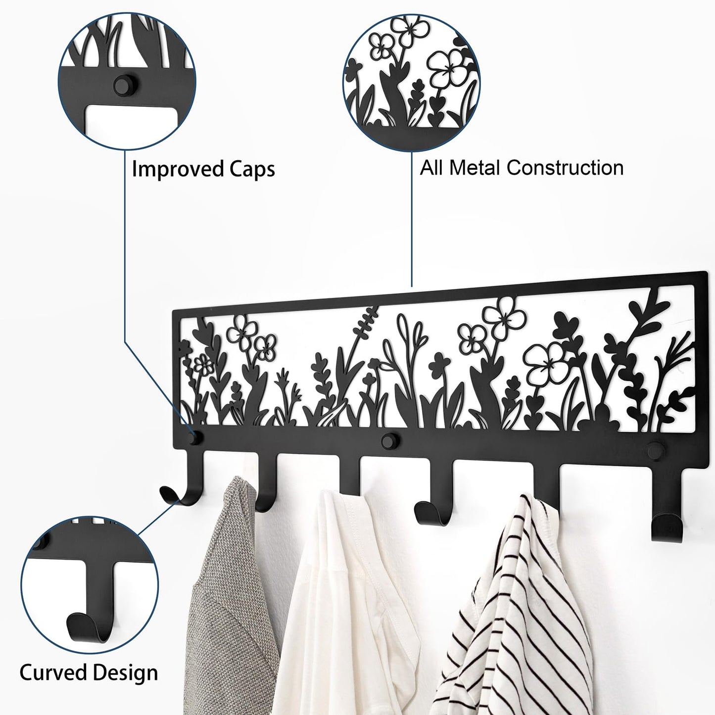 MUYUSEN Floral Wall Mounted Coat Rack with 6 Hooks Decorative Black Metal Hanger for Coats, Hats, Bags, Keys,Towels - Ideal for Hallway, Bathroom, Kitchen, Office (15.55x5.98x1.22 Inches)