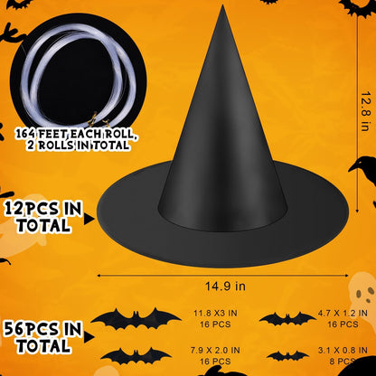 80 Pcs Halloween Hanging Witch Hats and Taper Floating Candles Set Includes 12 Witch Hats 12 LED Floating Candles Lights 56 3D Bats Wall Stickers for Halloween Decoration Front Porch Yard Decor