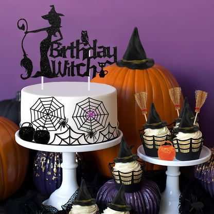 Morofme 13pcs Witch Cake Topper Halloween Cake Decoration Halloween Witch Cakes Decorations Black Themed Cupcake Toppers Hat Broom Spider Web Glitter Happy Birthday Decor for Scary Party Supplies