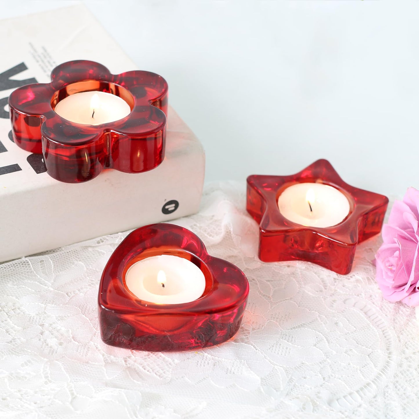 Red Votive Candle Holders Set of 12, (3 Sizes,Heart/Flower/Star) Glass Tealight Candle Holders Bulk for Wedding Table Centerpiece,Birthday Party,Valentines Day,Christmas Decorations,Home Decor(Red)