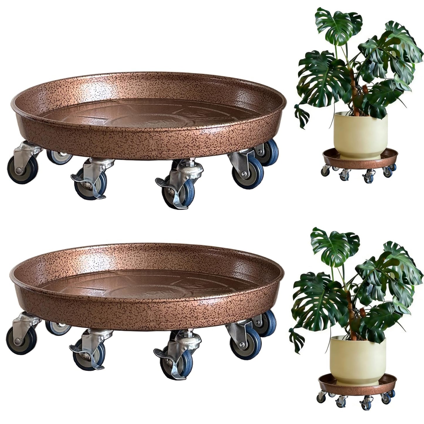 SKAFORZ Rolling Planter Caddy(460lbs Capacity), Heavy Duty Metal Plant Stand with Brake Wheels Plant Dolly Mover Plant Pot Tray Saucer for Indoor Outdoor 16inches Copper,2Pack