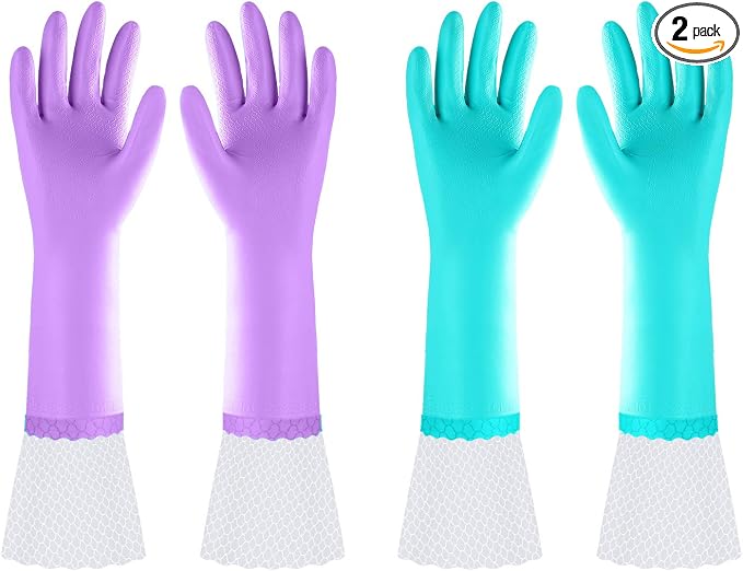 Elgood Reusable Long Dishwashing Cleaning Gloves with Latex Free, Long Cuff,Cotton Lining,Kitchen Gloves 2 Pairs,Purple+Blue Large
