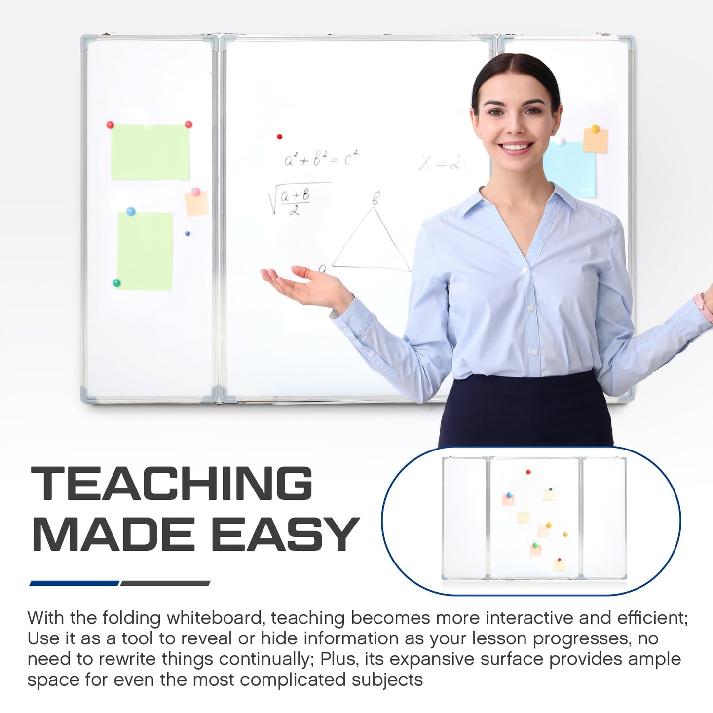 AmazingSpark 24” x 18” Foldable Whiteboard Dry Erase Board Large Tri Folding Whiteboard Magnetic Dry Erase Board, Wall Aluminium Frame and Pen Tray for Office, Home