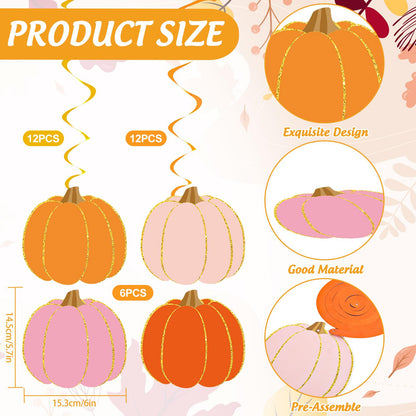 FYSUIMU 48 Pcs Fall Pumpkin Hanging Swirls Pink Orange Cute Pumpkin Ceiling Spiral Streamer Pre-Assembled Autumn Thanksgiving Hanging Ornaments for Autumn Harvest Home Party Wall Decoration Supplies