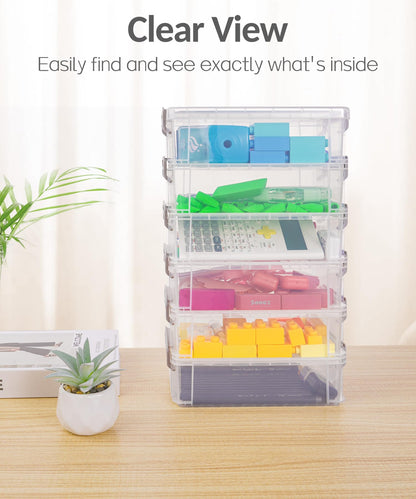 Sooez 6 Pack Extra Large Pencil Box, Plastic Pencil Case Crayon Box Bulk, Clear Marker Organizer Plastic Containers with Lid, Stackable Storage Boxes for Art Craft Pen, Back to School Supplies, Purple