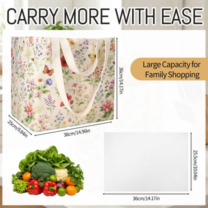 Ovveroche Large Canvas Grocery Tote Bag with Floral Reusable Heavy Duty Shopping Tote Bags with 6 Inner Pockets & Hard Bottom