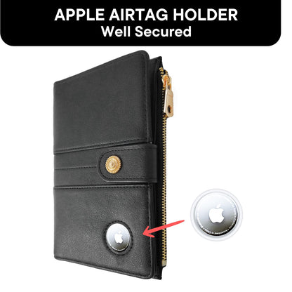 elzama Women's RFID Blocking Passport Wallet, Black with Airtag Holder, Includes Keychain & Pen Holder, Zippered, 11 Pockets, Faux Leather, Slim