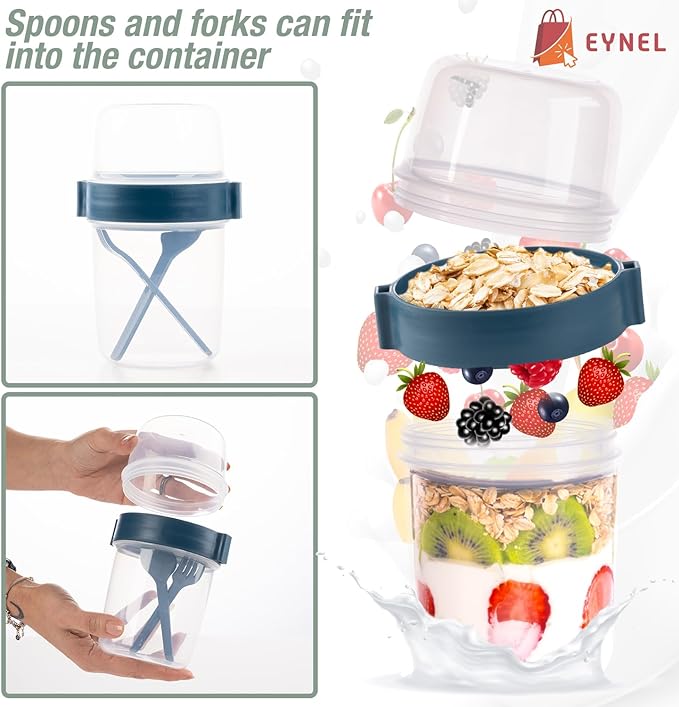 4 Pack On The Go 22 oz Breakfast Cups with Lids and Spoon, Reusable Cereal Yogurt Cup with Topping Plastic Overnight Oats Container for Granola Oatmeal (22 oz - Turquoise- 4 Pack)