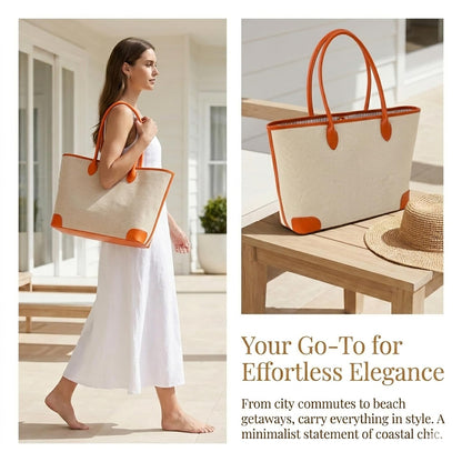 CRAZITAYA Oversize Linen Tote Bag for Women, Durable Beach Bag with PU Leather Trim for Travel Work Shopping (Khaki)