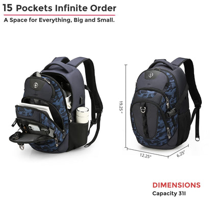 Swissdigital Design Laptop Backpack with USB Charging Port, Travel Backpack Fits 15.6 inches Computer, 31L College School Backpack for Men, Blue Camo | SD803-92