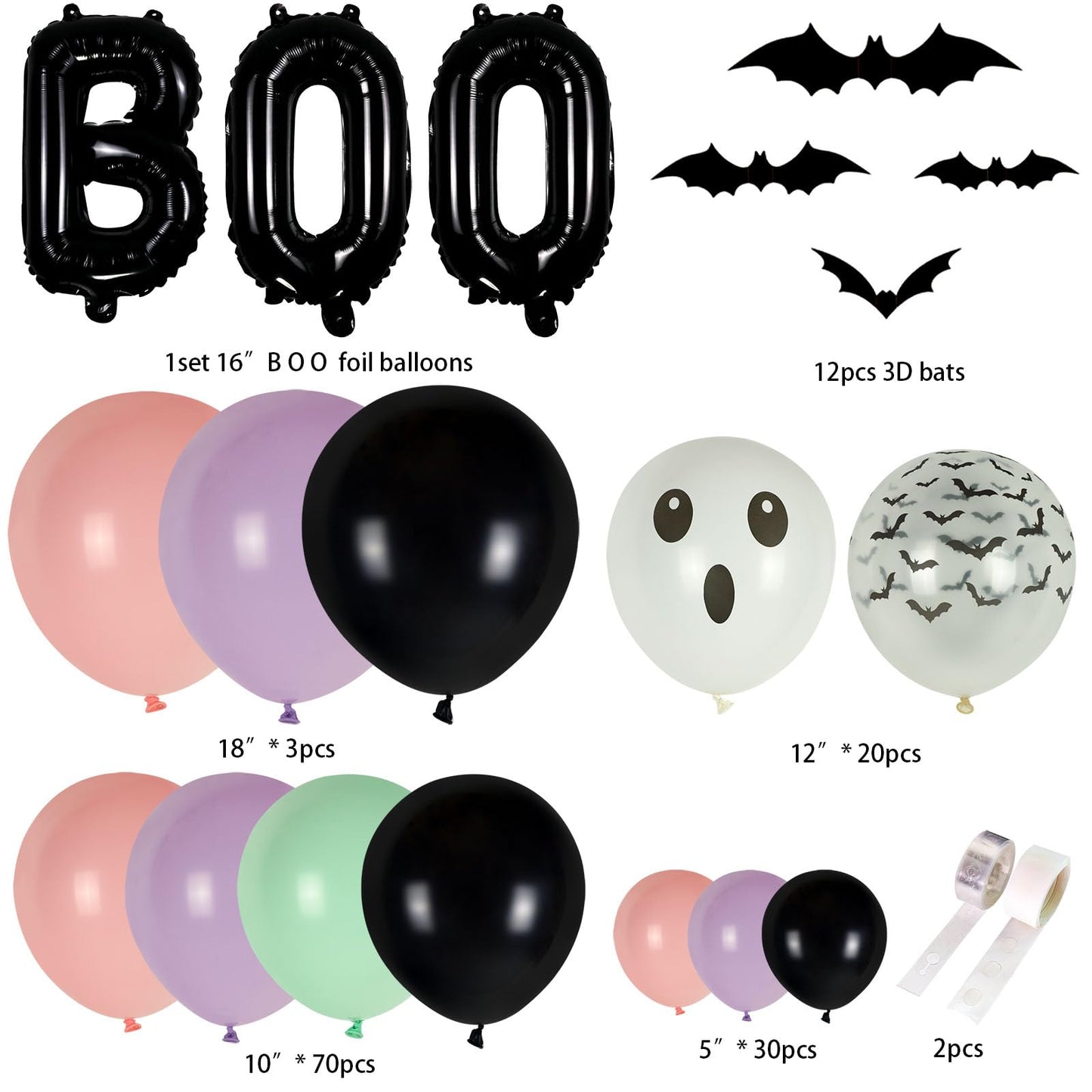 Halloween Balloon Arch Baby Showers Decorations, 18" 10" 5" Black Purple Pink Balloons with 3D Bat Stickers for Halloween Birthday Baby Shower Outdoor Indoor Decorations