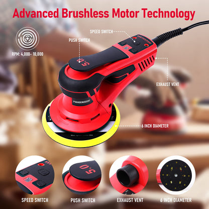 Electric Random Orbital Sander, PioneerWorks Brushless Motor, Powerful 350W & Low Vibration Palm Sander,10000 RPM Variable Speed,6-Inch Pads For Woodworking, Polishing, Sanding, Carpentry