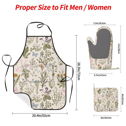 HEROARMOUR Vintage Wildflower Herbs Floral Rustic Butterfly Oven Mitts Pot Holders Cooking Apron Set of 5 Silicone Kitchen Glove Apron Non-Slip Heat Resistant for Chef Baking Cooking Grilling BBQ