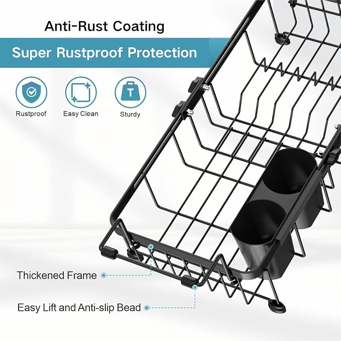 iSPECLE Small Sink Dish Drying Rack, 9.1" W Expandable Compact Rust Resistant Dish Drainer for RV Apartment Kitchen, Dish Rack with Lock Knob, Arms with Non Slip Rubber, Black