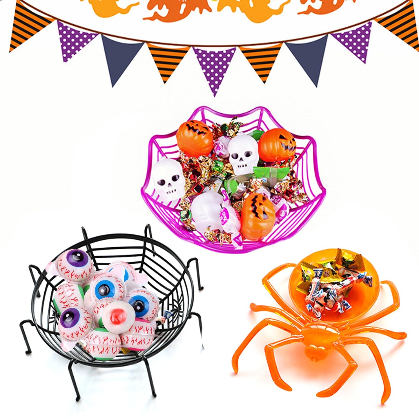 VirgoCCY 9 PCS Halloween Candy Bowl Set, Halloween Decorations, Trick or Treat Party Supplies Indoor Decor Candy Holder, 3 Spider web, 3 Skeleton, 3 Spider, Black/Orange/Purple