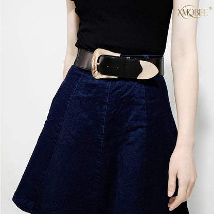 XMQBIEE Women's Wide Elastic Waist Belt with Gold Western Buckle, Retro Leather Waist Belt for Dresses Jeans and Coats