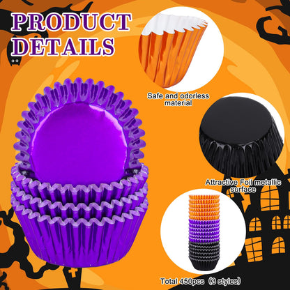Whaline 450Pcs Halloween Foil Cupcake Liners Black Purple Orange Baking Cups Foil Metallic Cupcake Wrappers Muffin Liners for Holiday Party Supplies