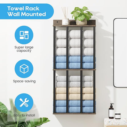 Towel Racks for Bathroom Wall Mounted, Updated 4 Bar Wall Towel Holder | Large Bathroom Towel Storage Rack for Rolled Towels, Modern Metal Towel Organizer Shelf with Wooden Storage Shelf