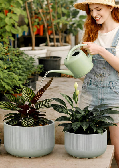 Jardin Tesoro Ceramic Planters - 10+12 Inch Large Pots for Indoor & Outdoor Plants, Modern Flower Pots with Drainage Holes and Self Watering Devices, House Grey-Blue Big Plant Pot, Set of 2