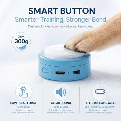 Set of 4 Small Voice Recording Buttons, Loud Clear Dog Cat Recorder for Animal Communication, Blue Pet Training Talking Buzzer, Rechargeable 30s Record & Playback Starter Set for Home Office