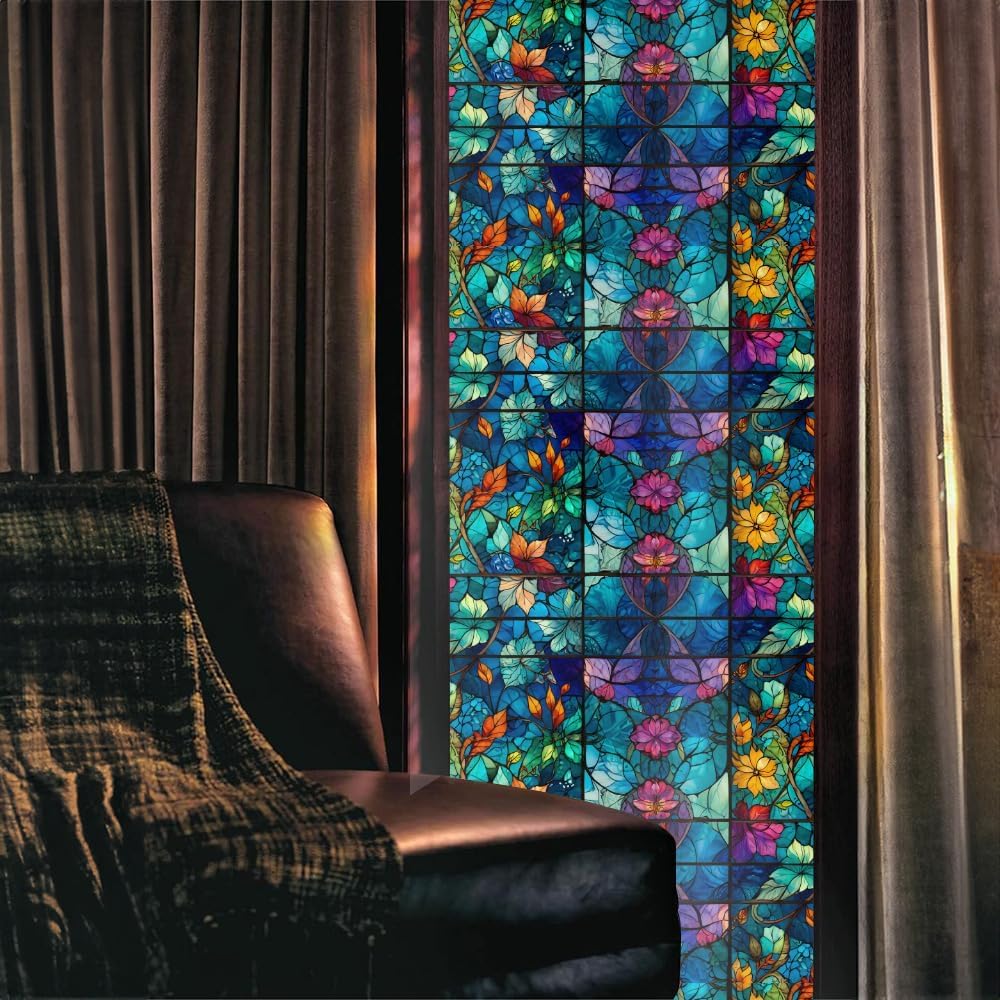 Purple Blue Pink Flower Leaf Stained Glass Window Films Decorative Double-Side Privacy Film Self-Adhesive Static Clings for Living Room Bathroom Decor