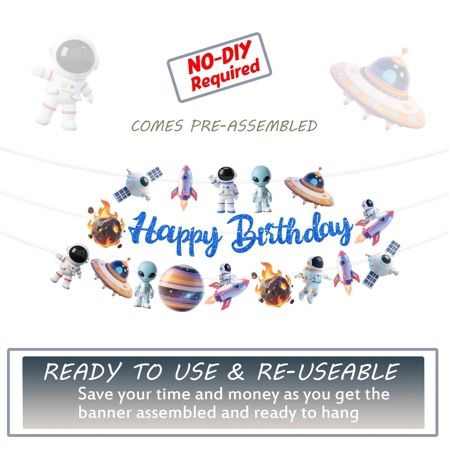 Outer Space Party Banners 3Pcs Happy Birthday Blue Astronaut Ship Garland Banners for Boy Girls Solar System Theme Baby Shower Birthday Party Supplies