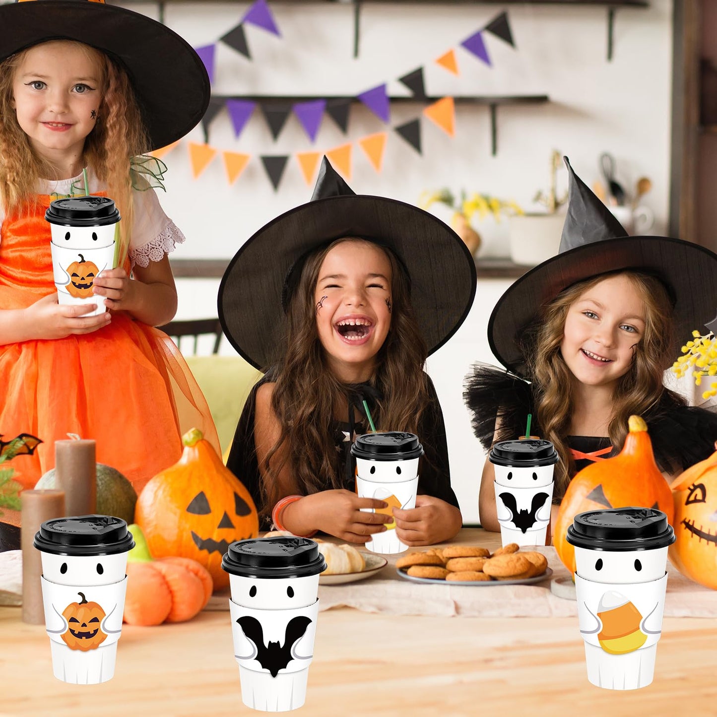Whaline 60 Set Halloween Disposable Coffee Cups with Lids and Bat Candy Cone Pumpkin Sleeves 16 Oz Ghost Paper To Go Cups for Trick or Treat Party Supplies