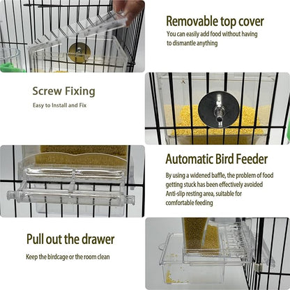 Automatic No Mess Bird Feeder Water Dispenser Set, Acrylic Transparent Parakeet Cage Accessories Bird Feeder and Waterers in Cage for Small and Medium Cockatiels, Finches, Lovebirds