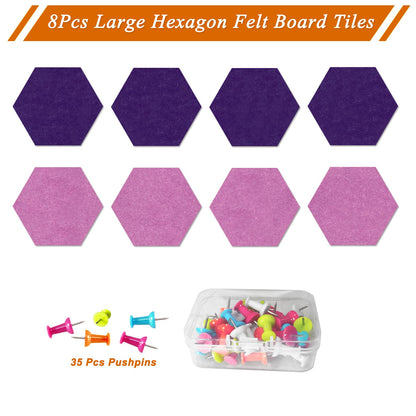 HULAVO Large Hexagon Felt Cork Board Tiles, Self Adhesive DIY Felt Bulletin Board Pin Board with 35 Pushpins for Office School Home Wall Decor(Purple+Light Purple)