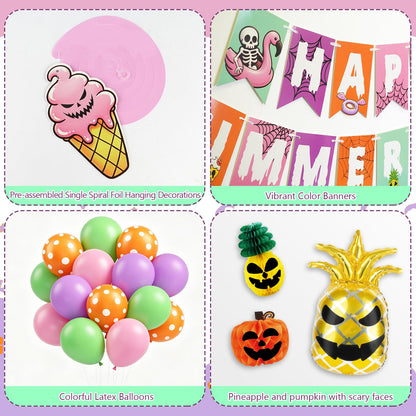91Pcs Summerween Decorations Set - Summer Halloween Party Decorations with Happy Summerween Banner, Ghost Pineapple Balloons, Honeycomb Balls & Swirls - Spooky Summer Party Supplies for Birthday