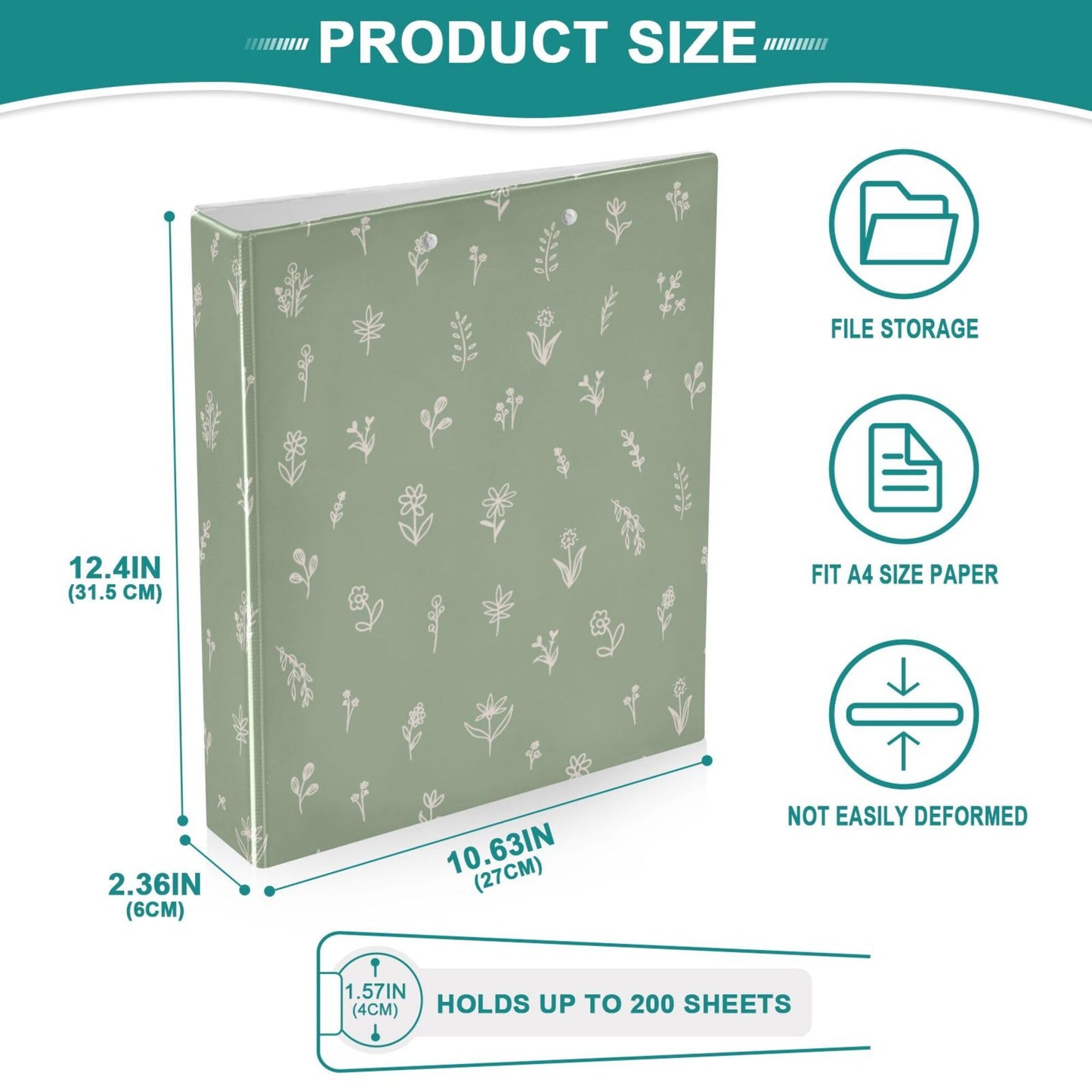Sage Green Round Ring Binders 1.5 Inch Flowers Sunflower Daisy Leaves 3 Ring Clipboard Binder for Office School Work Supplies File Folder 200 Sheet Capacity Easy Open