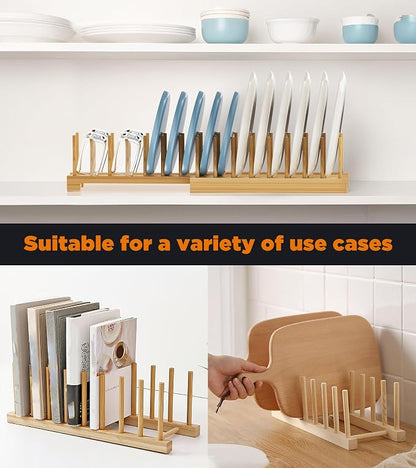 Dish Rack, Flexible Bamboo Dish Drying Rack Pot Lid Plate Stand Holder Adjustable Vertical Organizer Storage for Kitchen Cabinet Dish, Pot Lid, Bowl, Cup
