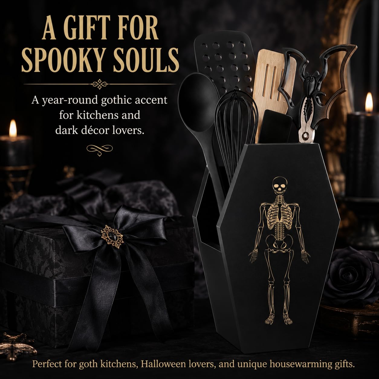 TOSOENPHY Halloween Gothic Kitchen Decor - Goth Coffin Utensil Holder (Utensils Not Included), Dual-Sided Laser-Etched Skeleton, Solid Wood Large Capacity for Spooky Bats Spoons Skull Spatulas