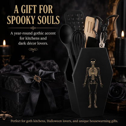 TOSOENPHY Halloween Gothic Kitchen Decor - Goth Coffin Utensil Holder (Utensils Not Included), Dual-Sided Laser-Etched Skeleton, Solid Wood Large Capacity for Spooky Bats Spoons Skull Spatulas