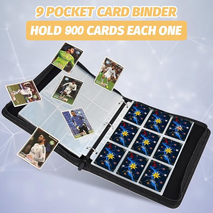 900 Pockets Round Ring Trading Card Binder, 9-Pocket Clear Zipper Card Album with Wrist Strap, Holds 900 Standard TCG & Sports Cards, Not Fit Top Loaders(Carbon Red)