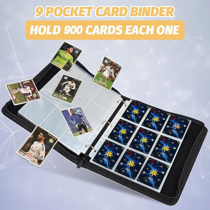 900 Pockets Round Ring Trading Card Binder, 9-Pocket Clear Zipper Card Album with Wrist Strap, Holds 900 Standard TCG & Sports Cards, Not Fit Top Loaders (Carbon Yellow)