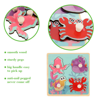 Wooden Peg Puzzles for Toddlers 1-3, Kids' Educational Preschool Peg Puzzle Toy, Set of 4 Toddler Puzzles - Farm, Dinosaur, Fruit and Marine Animals, Ideal Gift for Ages 1 2 3 Boys and Girls
