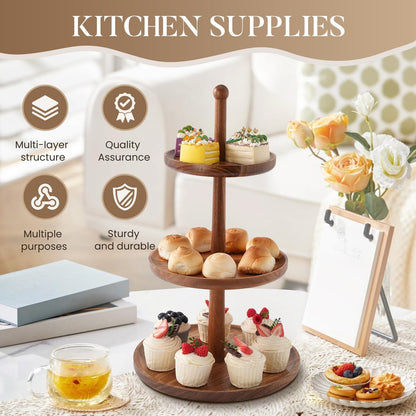 BURMAN Cupcake Stand Dessert Table Display Set – 2 in 1 Adjustable Height Rustic Natural Acacia Cupcake Holder Round Wood Tray – Three Tiered Serving Stand with Rotating Wheels, Anti Slip Stickers