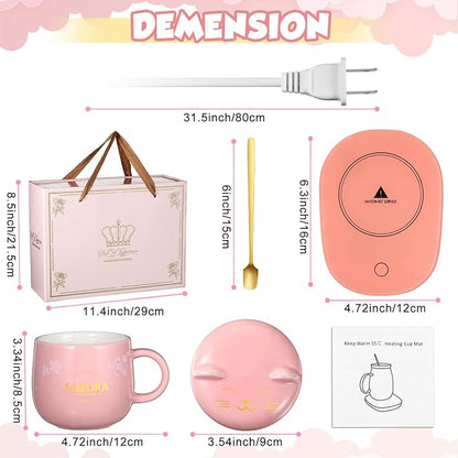 Honeydak Coffee Mug Warmer Cute Cat Mug Set Cup Warmer Christmas Gifts for Women Heated Coffee Warmers for Mom Home Office Desk Valentine's Day Anniversary Birthday Gifts(Sakura,Pink)