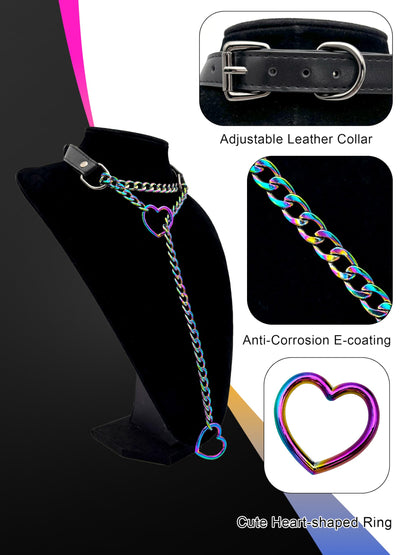 EverGlimp Black Leather Choker Collar For Women, Handmade Heart Slip Chain Choker Long Necklace with Adjustable Buckle