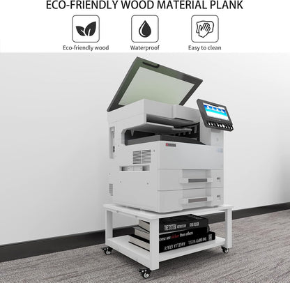 Natwind 2 Tier Laser Printer Stand,23.6''x23.6'' Large Printer Table,Copier Stand with Wheels, Heavy Duty Rolling Printer Cart with Paper Storage Shelf for Home Office (White)