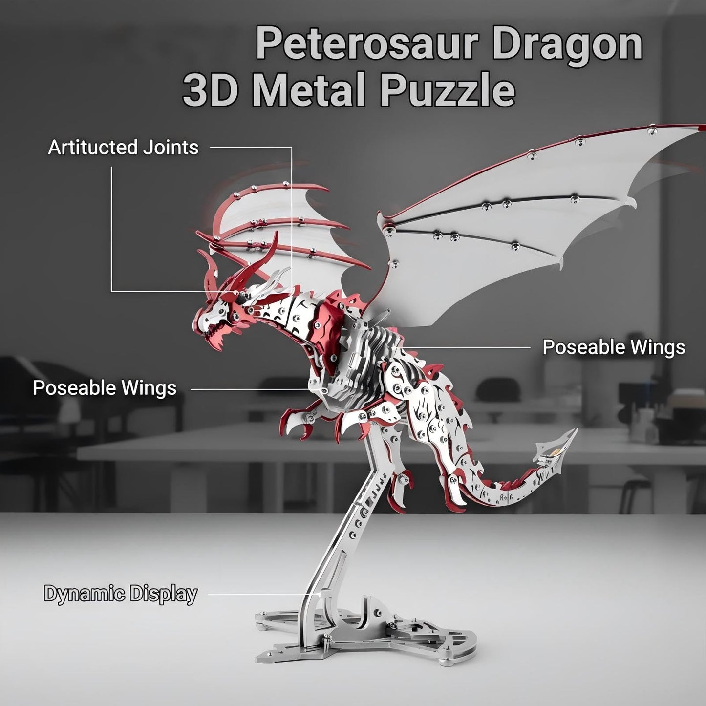 Dragon 3D Metal Puzzles for Adults, 373 PCS Stainless Steel DIY Mechanical Metal Model Kits,No Glue Assembly with Movable Joints,Challenging Metal Building Kit Desk Decor Gift(Silver Red Dragon)