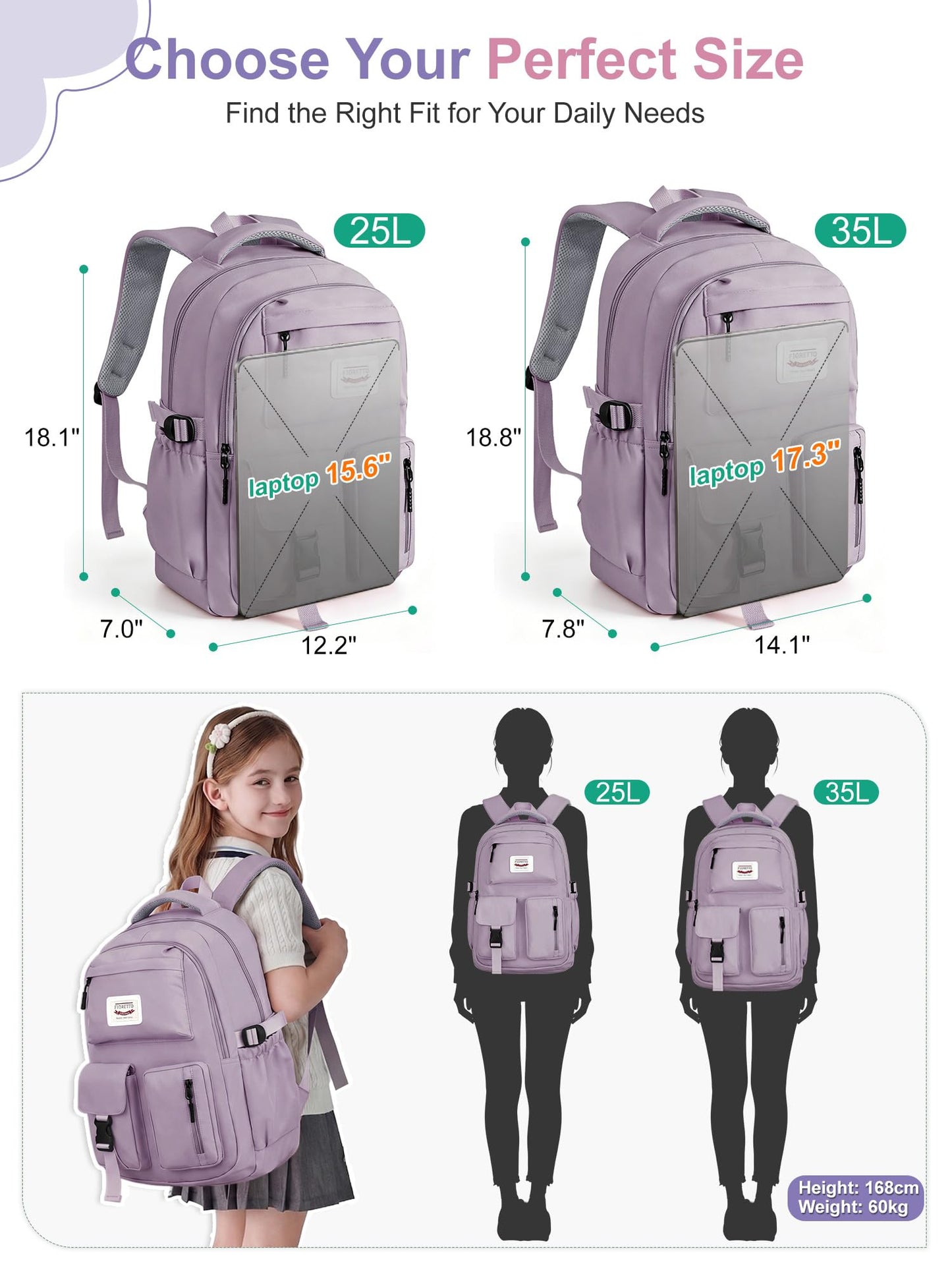 FIORETTO School Backpack for Teen Girls & Women with Compartment, Lightweight School Bag Bookbag with Multiple Pockets, Ideal for Middle High School, College, Travel, Purple 25L