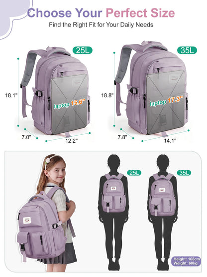 FIORETTO School Backpack for Teen Girls & Women with Compartment, Lightweight School Bag Bookbag with Multiple Pockets, Ideal for Middle High School, College, Travel, Purple 25L