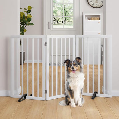 Semiocthome Freestanding Dog Gate 32" Tall, 3-Panel Foldable Dog Gates for Doorways Stairs House, Pet Gate Indoor with 2 Metal Stands, White