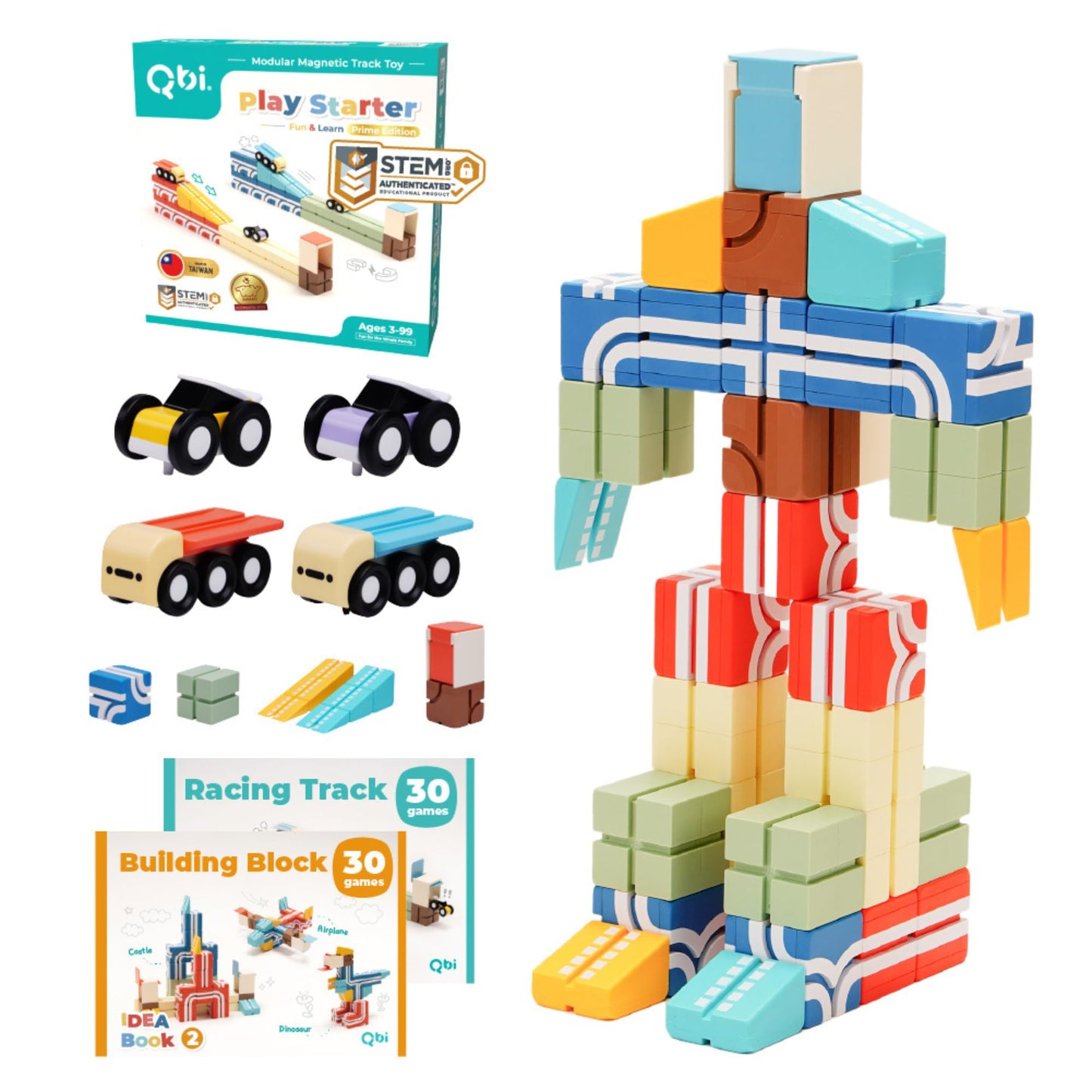 QBI Magnetic Blocks Play Starter Set – STEM Magnet Building Toys for Kids Ages 3-5, 4-in-1 Race Car Track with 4 Cars & 2 Ramps, Birthday Gift (36 PCS)